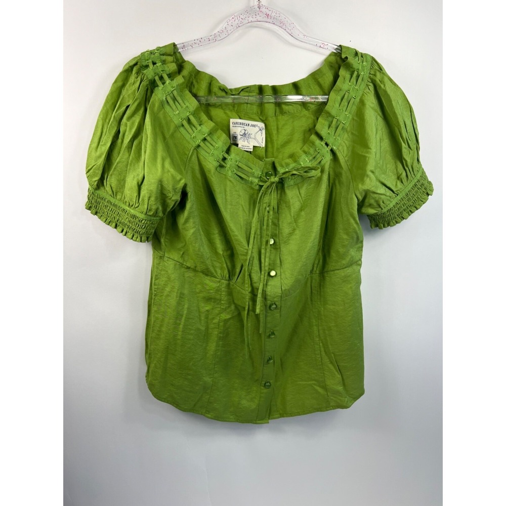 Caribbean Joe Top Women's Sz M Green Print Raglan Short Sleeve Embroidered
